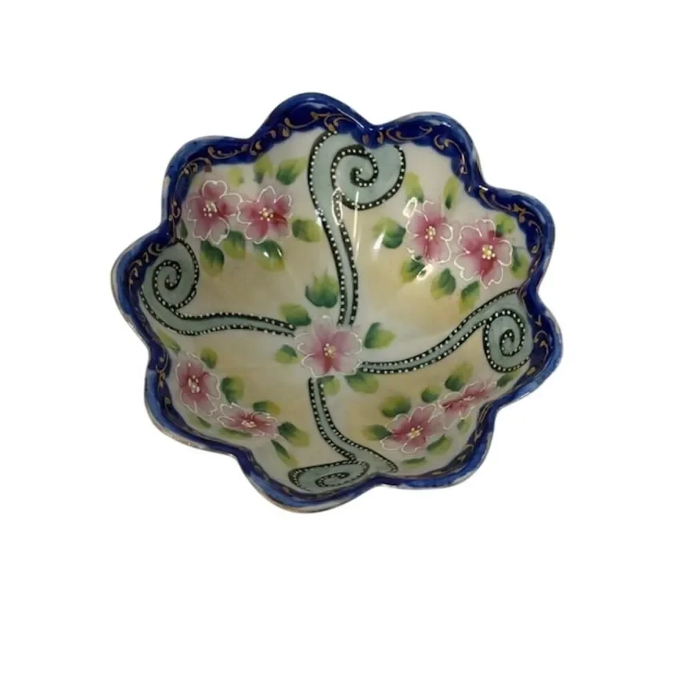 2 Trinket Dishes Blue Floral (1 Dish Footed) Japan